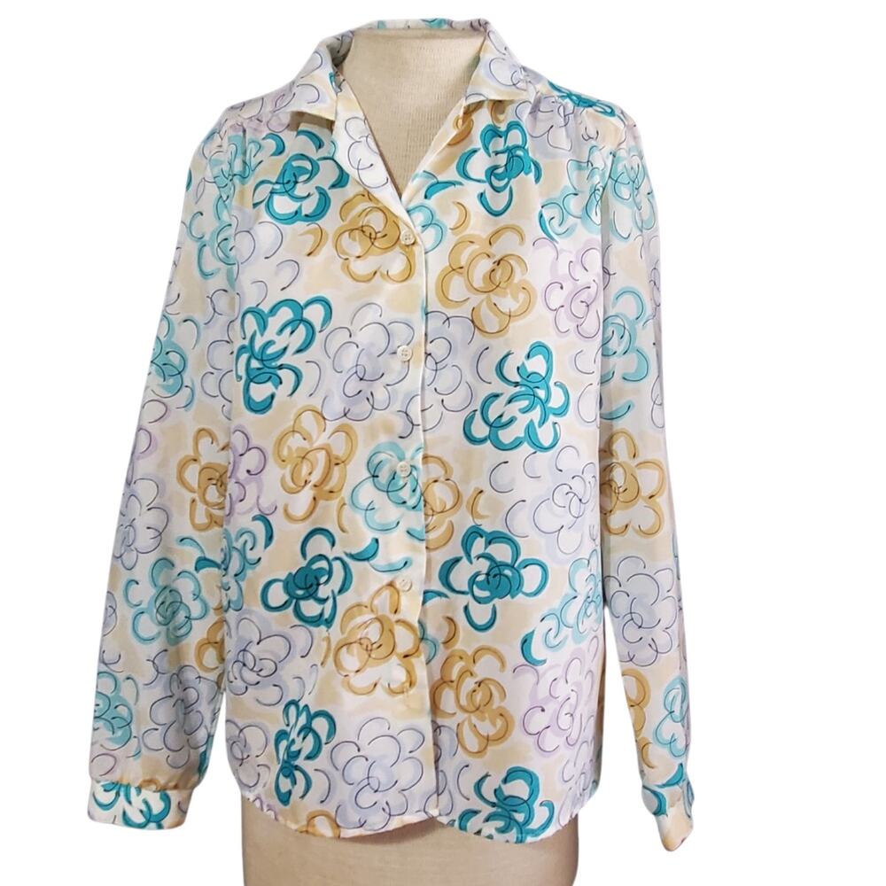 Vintage 70s Floral Blouse Long Sleeve Size Small